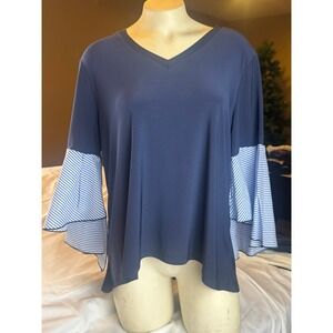Vecceli Italy Navy Bell Sleeve Blouse Women's One Size Blue Stripe Ruffle Sleeve
